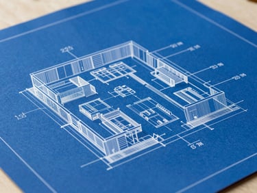 Technical blueprint schematic overlaying a modern architectural floor plan, clean white lines on a deep cobalt blue background, sharp focus, architectural drafting style.