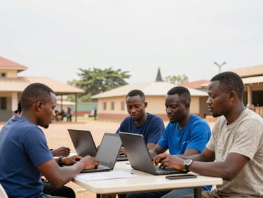 Bright open-air community center in Bouaké, local leaders collaborating around a table with laptops, warm natural daylight, 35mm