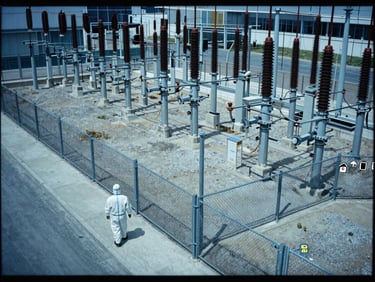 CCTV camera feed of an electrical substation, security fence, worker in protective gear approaching a restricted zone, digital UI overlay, 35mm film style