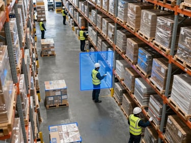 High-angle CCTV perspective of a high-density logistics warehouse, workers in safety gear moving pallets, digital bounding boxes around helmets, cool blue lighting