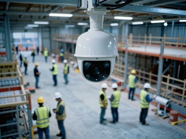 Wide-angle security camera view of an active construction site, workers wearing high-visibility vests and hardhats, sharp focus, high-contrast industrial lighting
