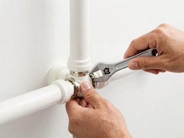 Close-up of professional plumber hands using a wrench to tighten a pipe joint, bright clean indoor lighting, high contrast