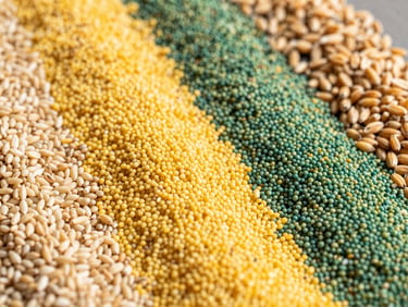 Close up of golden wheat grains and organic millets like pearl and finger millet in neat rows, bright natural daylight, 35mm