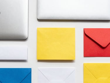 Overhead flat-lay of organized premium corporate goods, metal and heavy paper textures, minimal styling