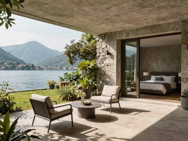 Private garden patio with modern outdoor furniture, lush greenery, attached to a guest room, Lake Como view, warm architectural photography, natural daylight with sharp shadows.