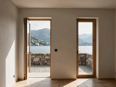 Modern room interior with two connecting doors, clean design, natural wood accents, Lake Como view, warm architectural photography, natural daylight with sharp shadows.