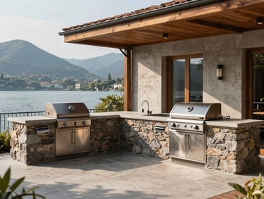 Outdoor professional barbecue area with stone and wood elements, modern design, ready for use, with Lake Como in the background.