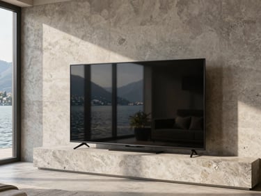 Sleek modern smart TV in a guest room, minimalist design, reflection of Lake Como through window, warm architectural photography, natural daylight with sharp shadows.
