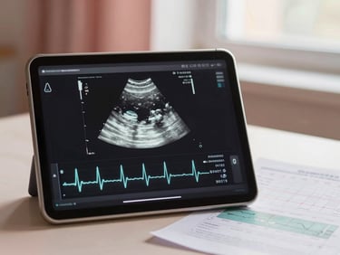 A clinical tablet displaying a fetal heart rate ultrasound graph and maternal blood pressure charts, warm soft lighting