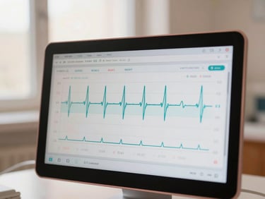 A clean medical dashboard screen showing a teal trend graph of maternal heart rate variability, shallow focus, clinical interface