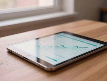 Close-up of a modern medical tablet displaying a clean clinical dashboard with soft teal trend lines, resting on a wooden table in warm morning window light, shallow depth of field, 35mm.