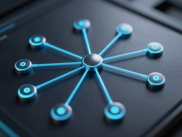 Macro close-up of a high-fidelity dark mode user interface showing complex data nodes, glowing electric blue and cyan connection lines, dark metallic background, sharp focus, studio lighting.