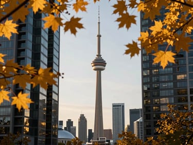 Sleek modern skyline of Toronto framed by golden maple leaves, crisp morning sunlight, shallow depth of field.