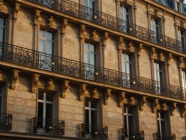 Classic Parisian limestone facade with wrought-iron balconies under a soft golden hour glow, tight architectural crop, cinematic, 35mm