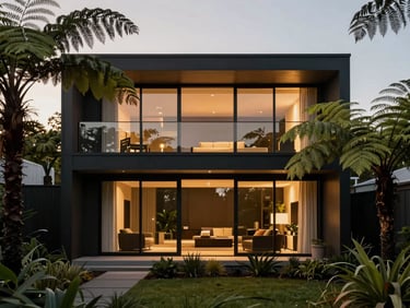 Modern minimalist residential architecture in Auckland, surrounded by lush native ferns under soft cinematic light.