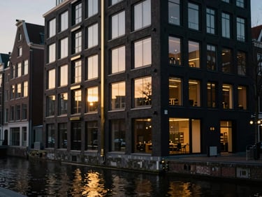 Sleek modern canal-front architecture in Amsterdam, dusk ambient glow, high-contrast luxury aesthetic, shallow depth of field, 35mm