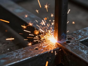 Extreme close-up of structural steel welding, bright safety orange sparks flying against dark metal, atmospheric shadows.
