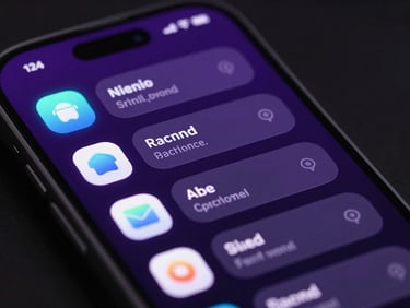 Extreme close-up of an Android phone screen displaying a custom app with smooth, responsive animations and subtle glassmorphic elements, neon violet glow.