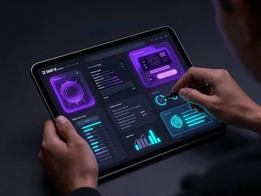 Over-the-shoulder perspective of a developer working on wireframes for a fintech app on a tablet, screen displaying complex data visualizations with electric violet glows, moody lighting, high-tech 3D render.