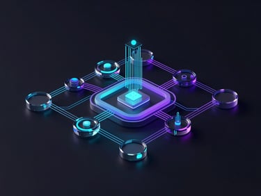 Isometric 3D render of abstract app architecture with interconnected glassmorphic nodes, neon cyan and violet lines representing data flow, dark background, high-tech aesthetic.
