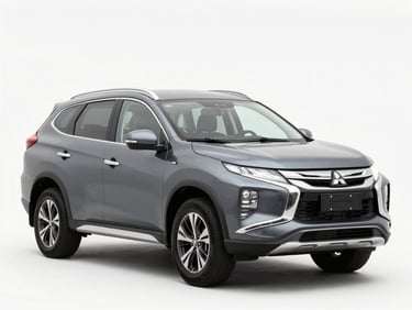 Three-quarter portrait of a dark grey Mitsubishi SUV under bright overcast daylight, clean wheel arches and sharp focus on the front headlight, professional 50mm lens.