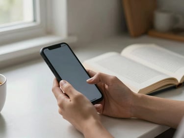 Hands holding a phone and an open book side by side on a kitchen table, soft window light from the left, a cup of coffee partially visible at the edge