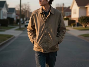 A person walking outdoors on a quiet residential street with earbuds in, one hand loosely in a jacket pocket, golden-hour light from the side, slightly wide environmental frame