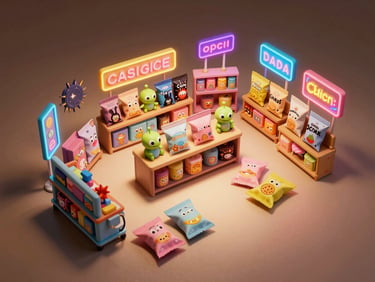 Wide overhead flat-lay of a cosmic snack shop scene diorama, tiny neon signs, miniature alien snack packages in pastel wrappers, warm even studio lighting from above, playful and colorful