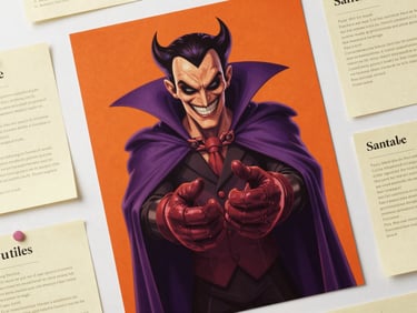 Flat-lay overhead shot of a villain character poster printed on matte paper, bold orange and violet color scheme, cartoon villain with oversized gloves and a dramatic cape, clean even daylight, surrounded by prompt notes on index cards