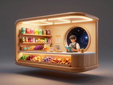 Wide interior scene of a floating cosmic snack shop, warm neon glow, shelves of alien candy and chips, a stardust cashier reading a tiny comic, deep space visible through a round porthole window, clean even studio-quality lighting