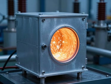 Cast aluminum high-voltage electrical housing, clean metallic finish, cool blue ambient factory light with warm sparks