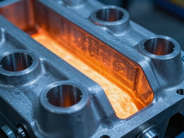 Close-up of a cast aluminum intake manifold showing clean ports and precise tolerances, glowing furnace light accent.