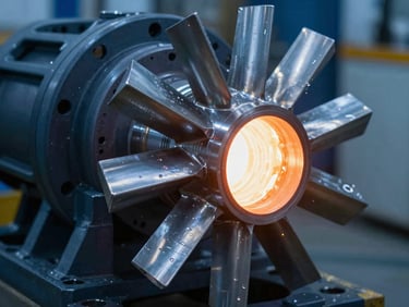 High-pressure industrial pump impeller casting, sharp aluminum blades, macro focus, high-contrast industrial lighting