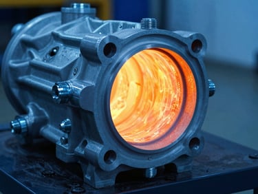 High-contrast industrial photo of a cast aluminum transmission case, sharp macro focus on bolt flanges, cool blue tones.