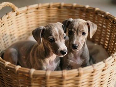 Two tiny Italian Greyhound puppies curled up together in a soft woven basket, warm golden light, shallow depth of field.