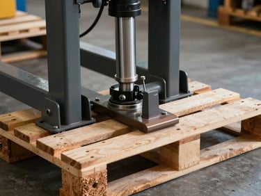 Industrial electric stacker lifting a wooden pallet, focus on the steel mast and hydraulic cylinder