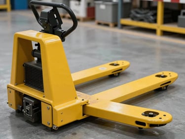 Close-up of a heavy-duty electric pallet jack steel chassis, industrial yellow paint, clean warehouse background