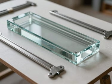 Primer plano técnico de herrajes arquitectónicos minimalistas y muestras de cristal veneciano sobre un plano de construcción detallado, iluminación de estudio nítida.