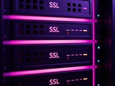 Close-up of a secure server dashboard showing active SSL certificates and network nodes, glowing magenta edge-lights, dark studio lighting, 35mm