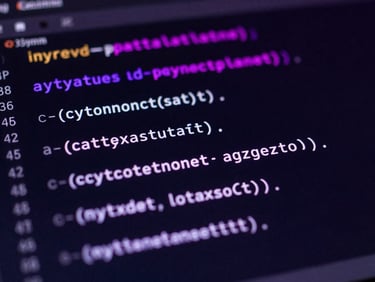 Macro shot of a dark-mode code editor displaying clean Python and LaTeX scripts, glowing violet and magenta neon highlights, sharp focus, 35mm