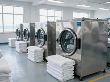 Wide-angle bright clean shot of an industrial laundry facility floor in La Estrella, with large stainless steel washing machines and neatly stacked white linens, daylight coming through high windows, 35mm.