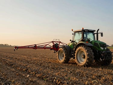 Agricultural sprayer attachment mounted on a tractor arm in an active field, wide-angle shot showing equipment in use, golden morning light, crop rows visible in background