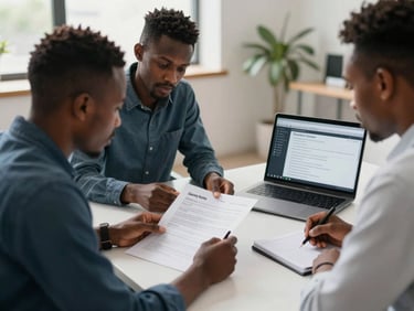 Wide environmental shot, diffused north-facing daylight — two African professionals at a shared table, one reviewing a printed candidate dossier while the other takes notes, a laptop open beside them showing a talent pipeline view; real office context, no staging