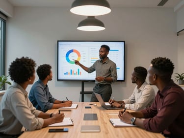 Environmental wide frame, natural overhead office light — an African team of three around a meeting table, one person presenting analytics on a wall screen showing charts and candidate funnel data, others taking notes; real collaboration moment, working postures, no posed eye contact with camera