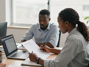 Wide environmental shot, diffused north-facing daylight — two African professionals at a shared table, one reviewing a printed candidate dossier while the other takes notes, a laptop open beside them showing a talent pipeline view; real office context, no staging
