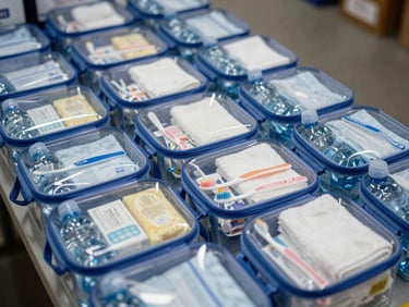 Neatly organized hygiene kits (toothbrush, soap, small towel) and bottled water inside a clear tote, ready for distribution, warm lighting.