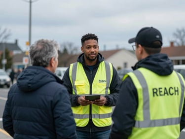 A REACH mobile outreach team member in high-visibility gear engaging respectfully with an individual on a street corner, natural overcast daylight, medium shot.