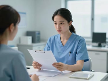 A focused nurse in blue scrubs examining a patient chart at a modern, clean nursing station under cool daylight.