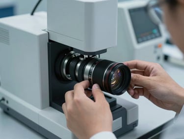 A close-up of hands setting up a high-precision medical laboratory analyzer under cool clinical lighting.