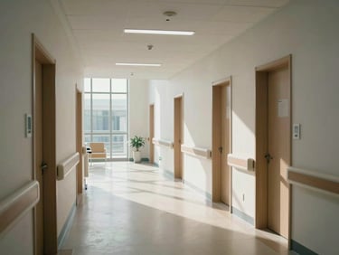 A modern hospital corridor with clean architectural lines and natural daylight streaming through large windows.